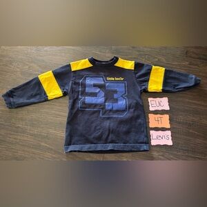 Y2K Little Levi's Navy long sleeve with Yellow Sleeve Panels and Blue Graphic